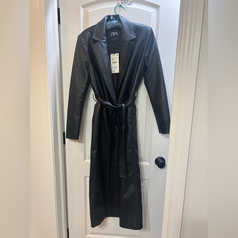 Zara Black Faux Leather Trench Coat XS NWT